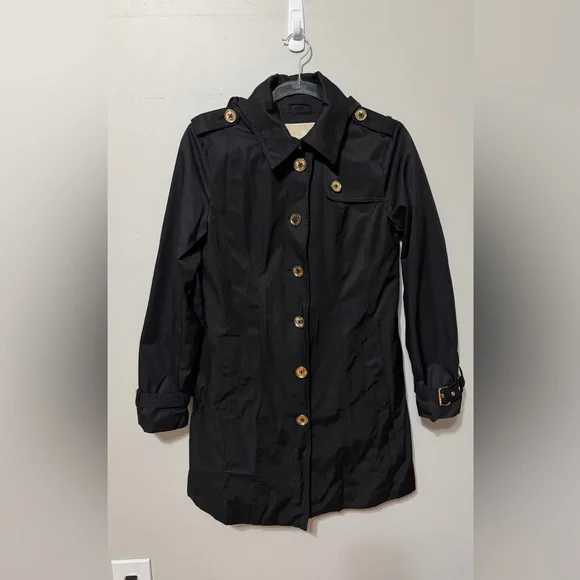 MICHAEL Michael Kors Black Trench Coat Size Small Gold Button Down Hooded - Picture 4 of 13